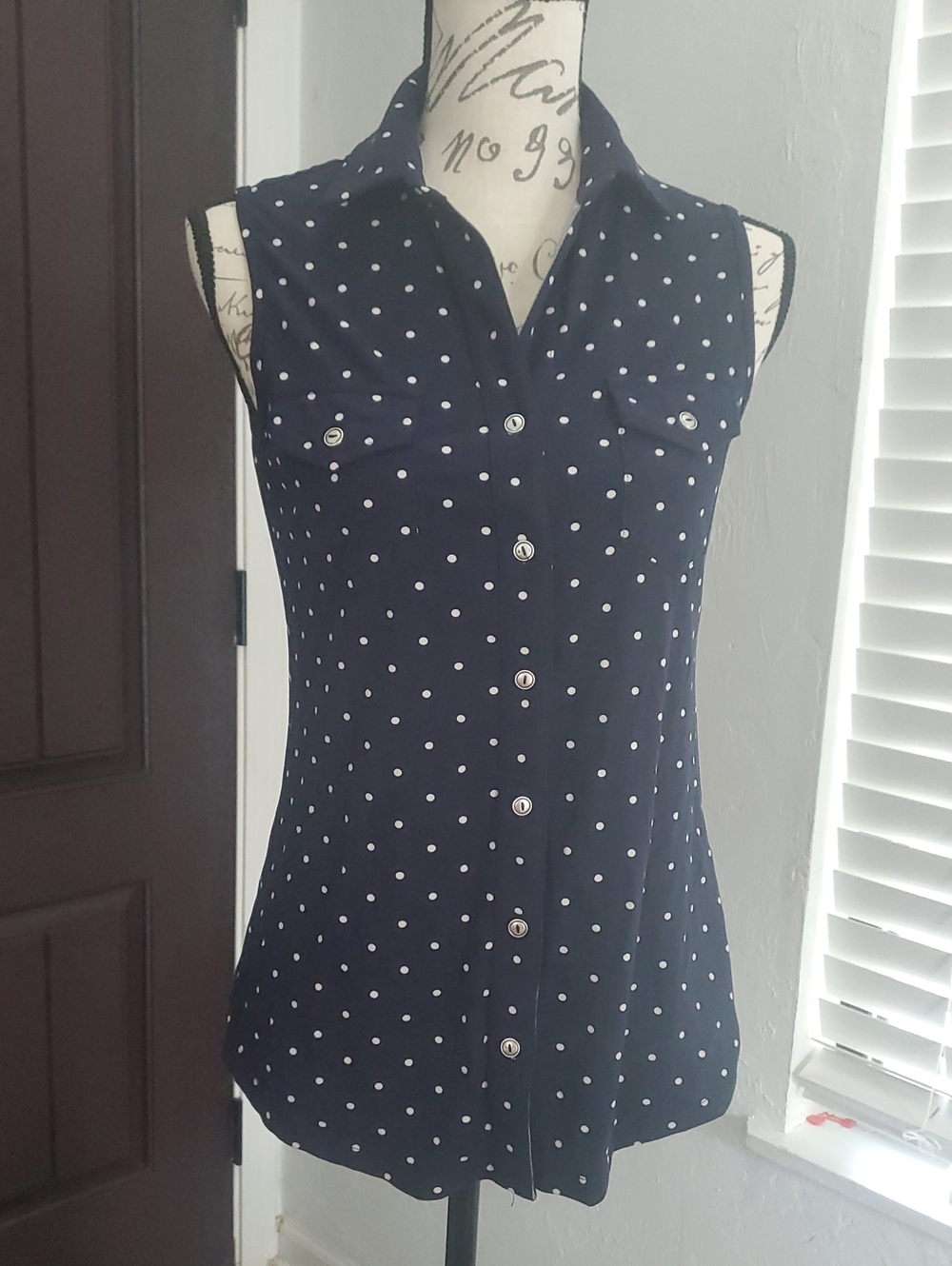 Market & Spruce Navy and White Polka Dot Sleeveless Button-Down Top Blouse S
